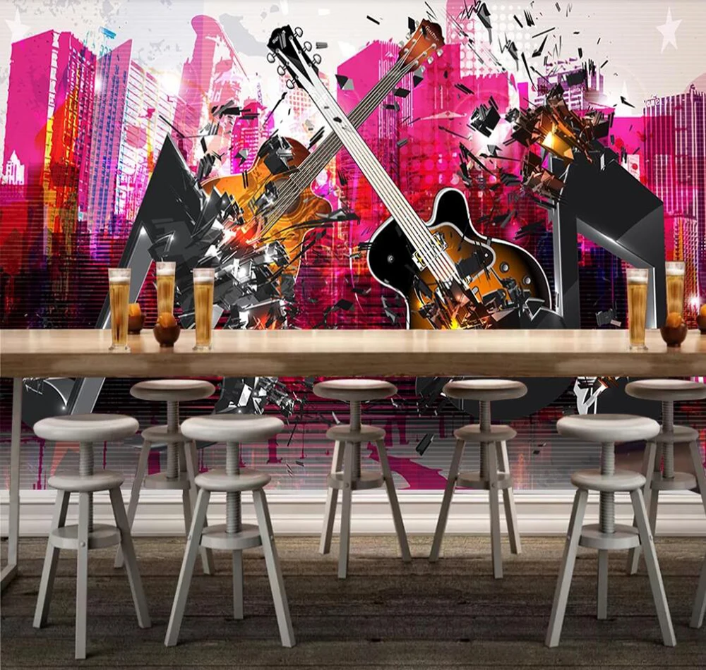 

Dropship Custom 3D Wallpaper Mural Tall Building Musical Guitar Bar KTV Background Wall Decoration Mural Wallpaper