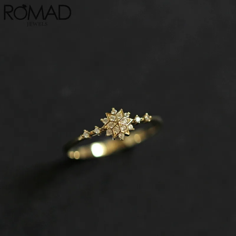 ROMAD Новые Модные Простые Кристальные кольца со снежинками для женщин Свадебные ювелирные изделия Нежный золотистый цвет кольца на палец Подарки для пар