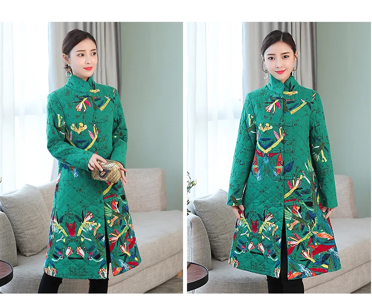 Хлопковый зимний стиль Cheongsam стиль плотный теплый Улучшенный длинный рукав однобортный приталенный крой Республика Китай-стиль