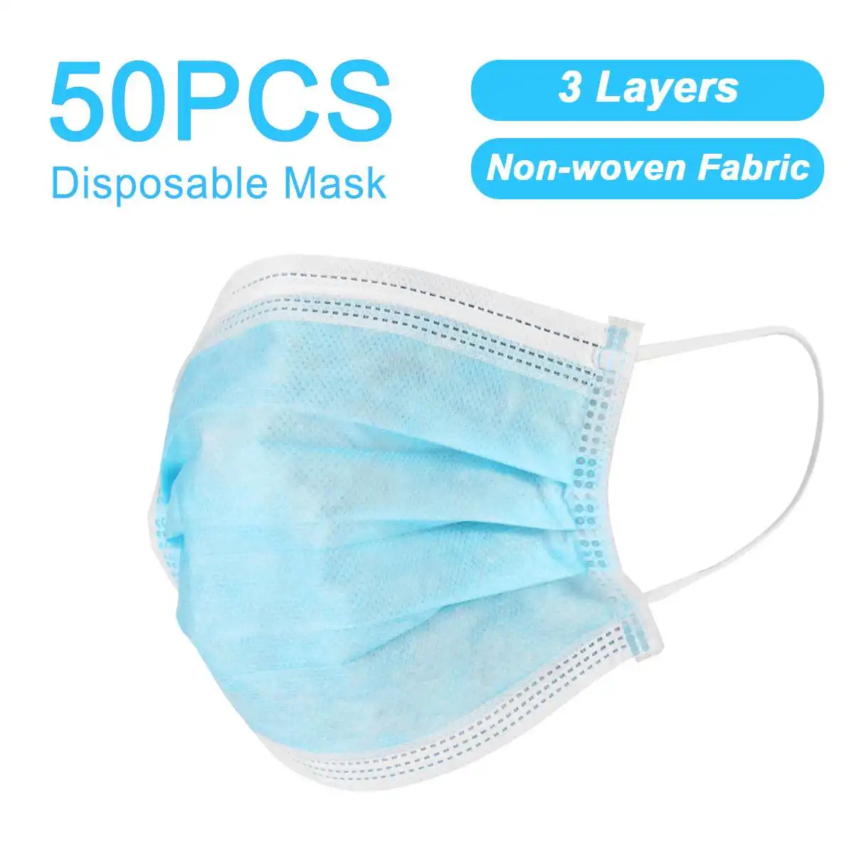 

50PC Disposable Protective Face Mouth Mask CE Certification 3-Layer Non-woven Fabric Breathable Anti Dust Mask