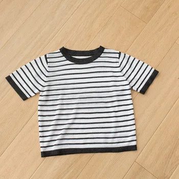 

2020 New Summer Children T Shirt Casual Knitted Short Sleeves Tops Striped Knitwear Boys Girls Ribbed T-shirts 1-8 Years