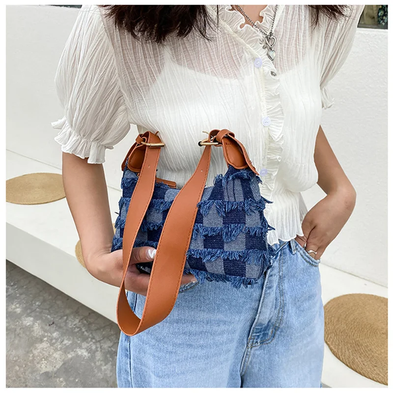 Fashion Women Denim Plaid Shoulder Bag, Classic Handbag Distressed