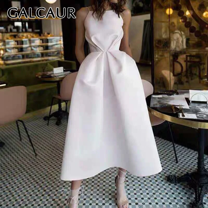 

GALCAUR Elegant Evening Party Dress Women Square Collar Backless Sleeveless High Waist Midi Summer Dresses Female 2019 New