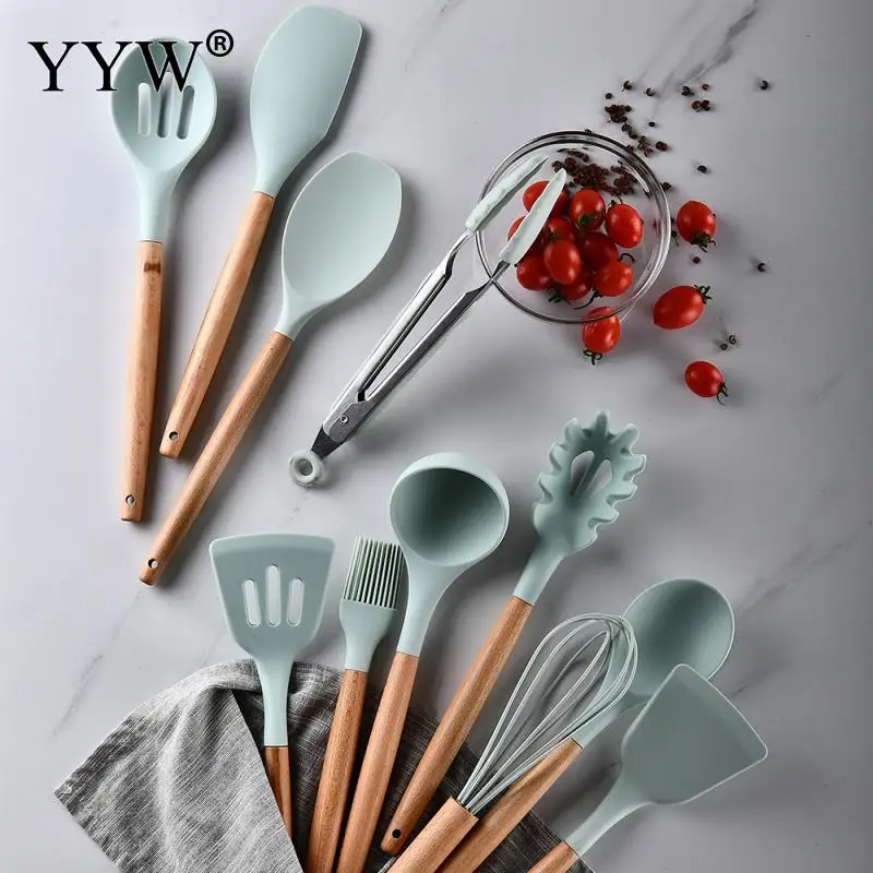 

11pcs Silicone Kitchen Cooking Utensils Set Non-Stick Spatula Shovel Wooden Handle Cooking Tools With Storage Box Kitchen Tools
