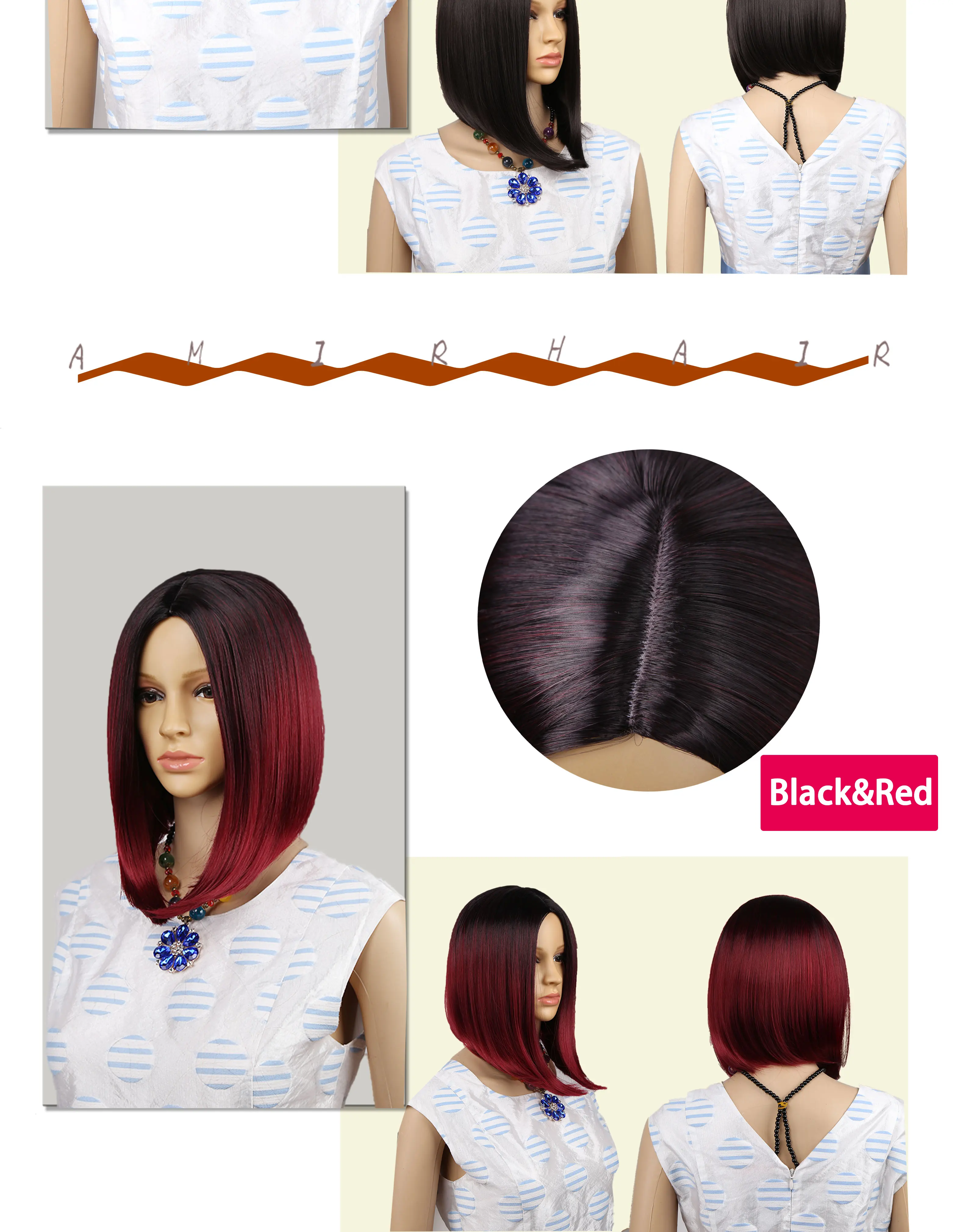 long Bob Wigs Straight hairstyle Brown Purple Ombre red Hair wig For Women Middle Part Fake Hair less shine Wig Cosplay