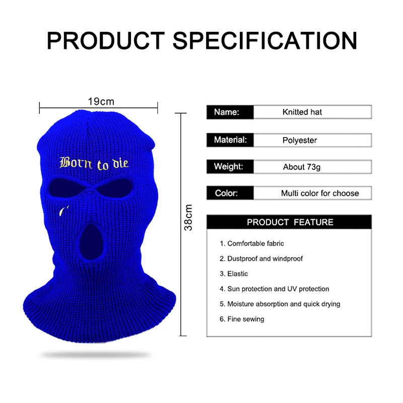 Fashion 3 Hole Winter Knitted Embroidery Born To Die Ski Mask Outdoor Sports Full Face Cover Warm Knit Balaclava for Adult Gifts grey skully hat