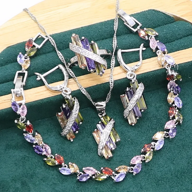 

Multi Color Topaz 925 Silver Jewelry set for Women Wedding Party Bracelet Earrings Necklace pendant Ring