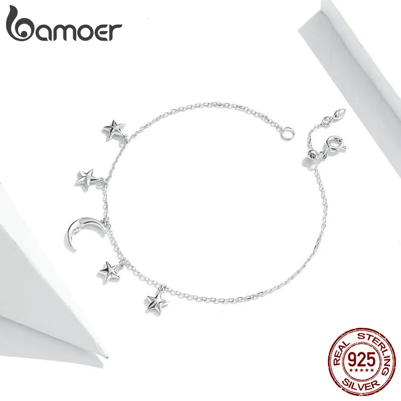 Женские браслеты цепочки bamoer Moon & Starsl из стерлингового серебра 925 пробы с