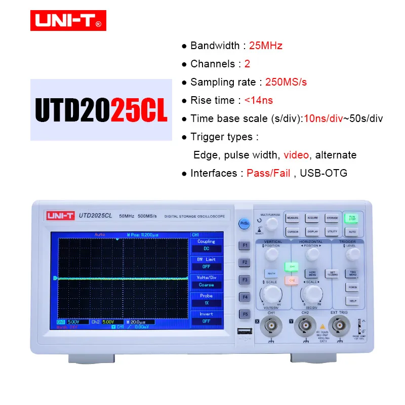 Цифровой запоминающий осциллограф 2 канала 25kpts Глубина памяти Настольный осциллограф UNI-T UTD2025CL/2052CL 7-дюймовая TFT ЖК-дисплей/WVGA - Цвет: UTD2025CL  25MHz