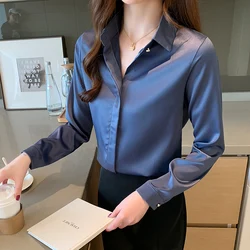 Camisa feminina moderna de seda coreana, blusa feminina de cetim lisa, tops e blusas femininas de escritório solto de manga comprida, camisa branca para mulheres primavera