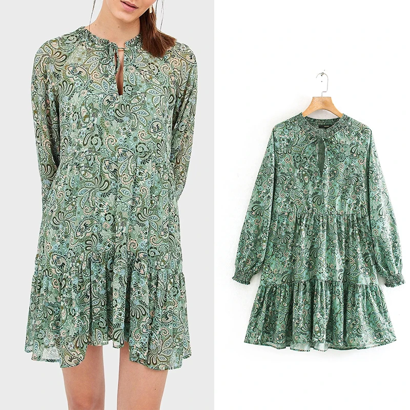 

Women 2019 za dress vintage cascading ruffles mini dress long sleeve floral print loose dresses female elegant vestidos