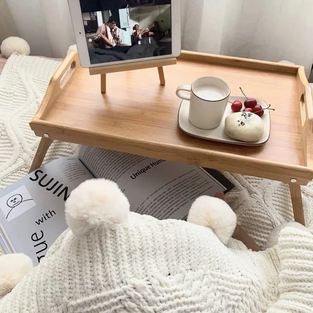 Plateau de Table en bois pliable pour petit déjeuner, lit, ordinateur  portable, vin, mocha - AliExpress