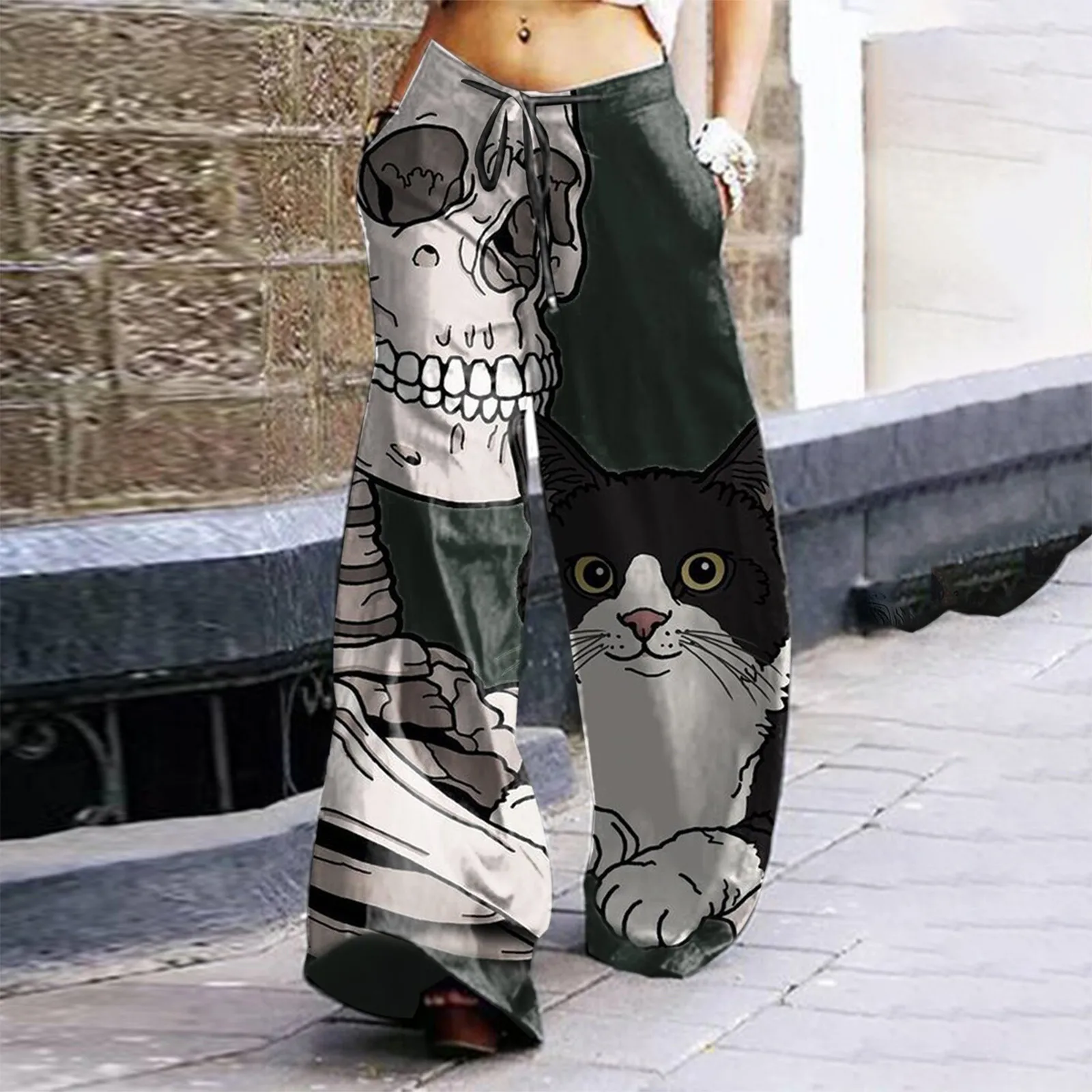 Korean Style Wide Leg Pants Women's Vintage Casual Loose Halloween Skull Printing Harajuku Trousers Streetwear Sweatpants 1