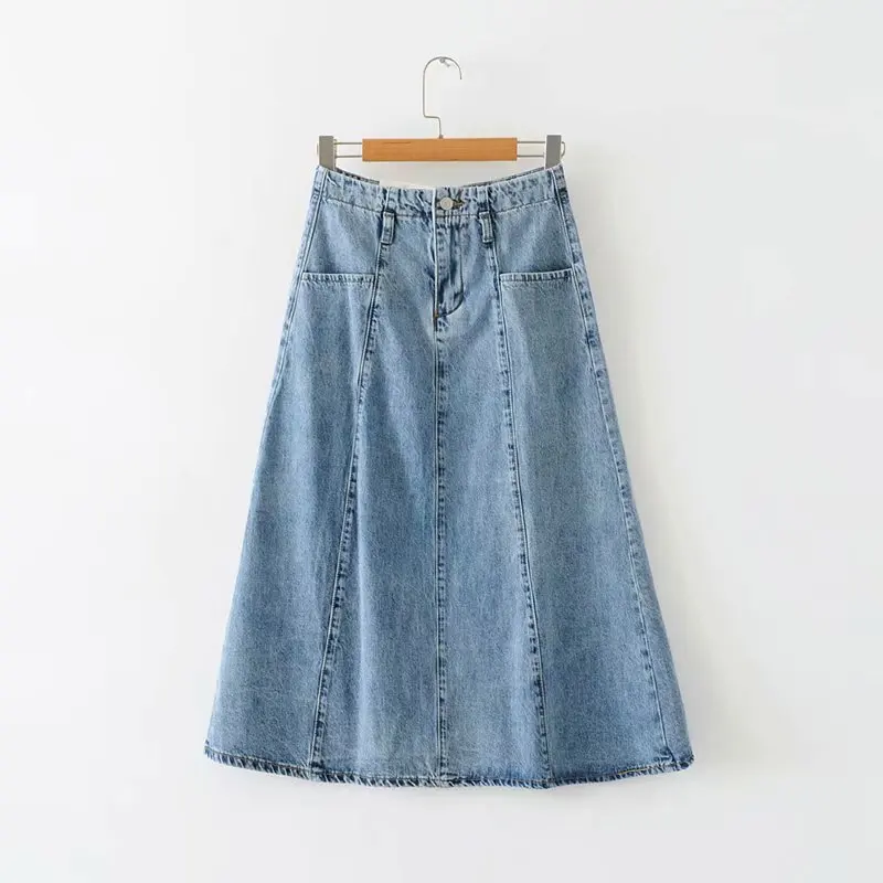 

2019 Europe And America Summer New Style Retro Fashion High-waisted Slimming Big Hemline Full Skirt Mid-length Washing Denim Ski
