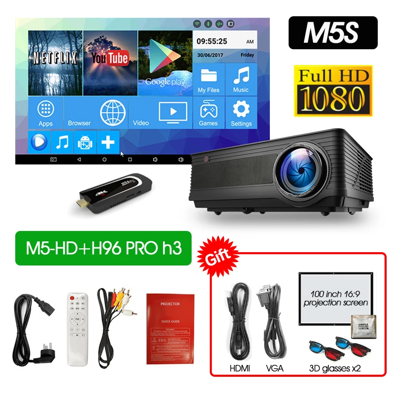M5HD H96PROH3 ALSTON M5 M5W Full HD 1080P проектор 4K 6500 люмен кинопроектор проектор Android WiFi Bluetooth hdmi VGA AV USB с подарком - Цвет: M5HD H96PROH3