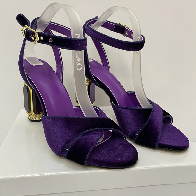 Women High Heels Luxury Velvet Diamond Heel Summer Cross Band Ankle Strappy Jeweled Party Sandals