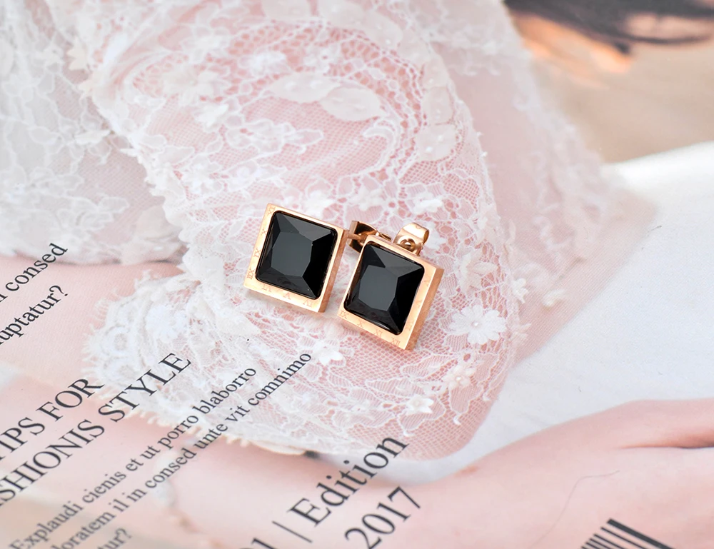 Lokaer Titanium Stainless Steel Geometry Square CZ Crystal Earrings Jewelry Rose Gold Wedding Earrings For Women Aretes E19235