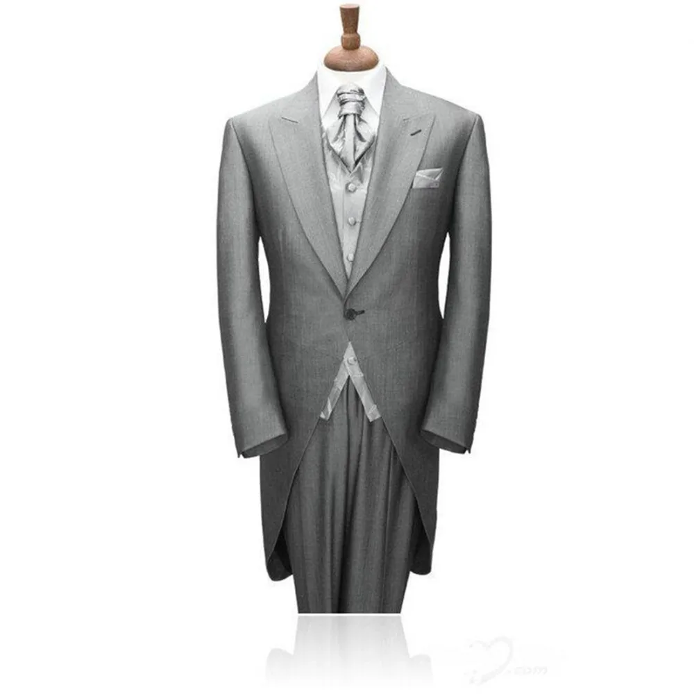 

Light Grey Long Men Suit Groom Groomsman Wedding Bridegroom Tuxedos One Button Wedding Suit ( Jacket+Pants+Tie +Vest) A034
