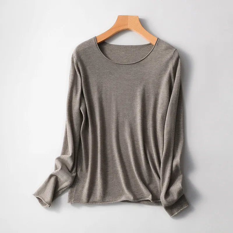

100% Wool Knitted Top Women Scoop Neck Wool Sweater Curl Edges