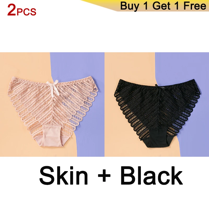 SKIN BLACK DERUILADY, 2 шт., сексуальные кружевные трусики для женщин, удобные хлопковые нижние трусики, Дамское белье, низкая посадка, бесшовное нижнее белье - Цвет: SKIN BLACK