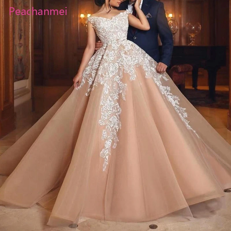 

Luxury Ball Gown Wedding Dresses 2019 Blush Pink float and Lace Customize Back Zipper Bridal Gown Train Vestidos De Noiva