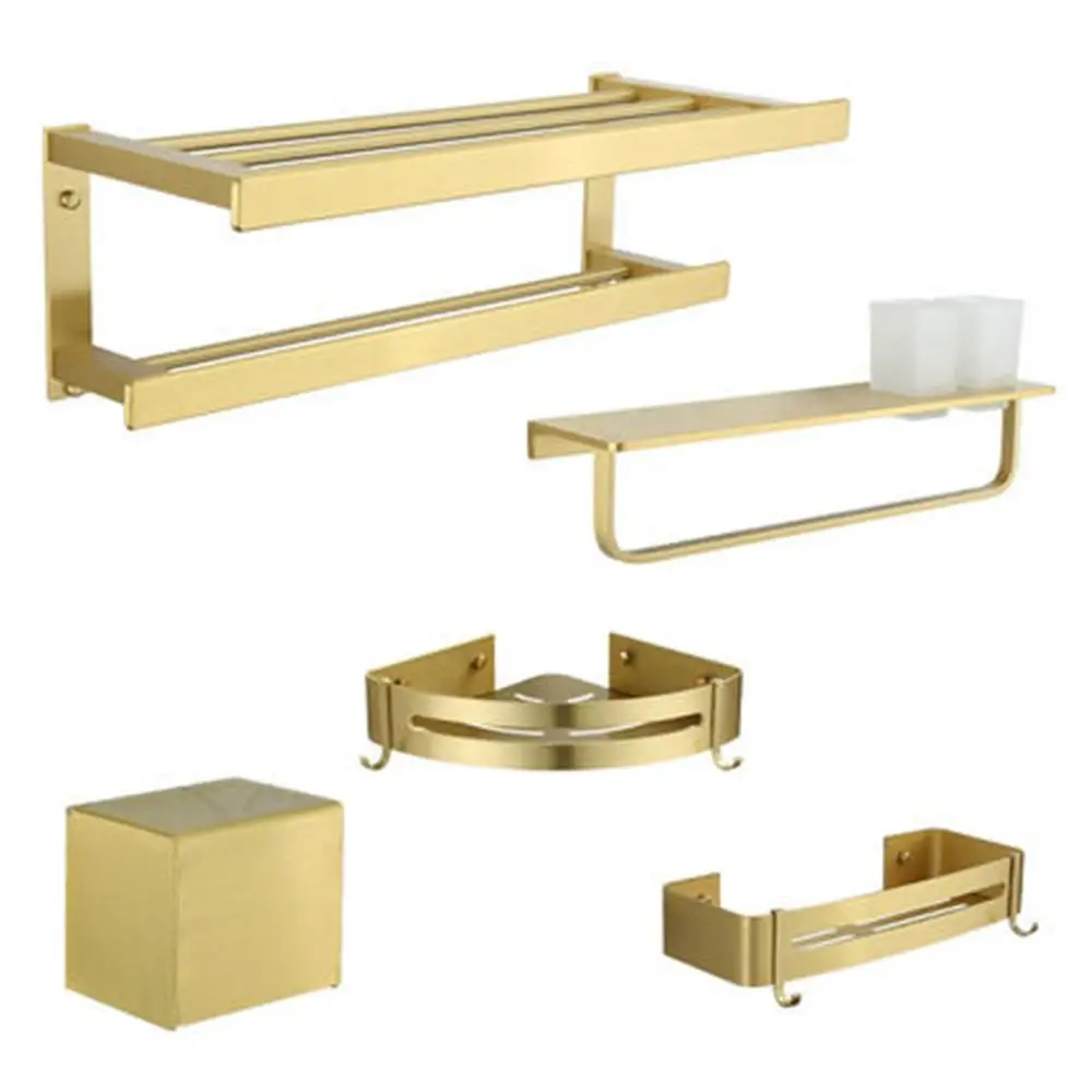 Nordic brushed gold space aluminum towel rack free punch golden square