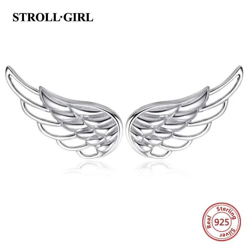Strollgirl Genuine 925 Sterling Silver Earrings Hollow Feather Fairy Wings Stud Earrings for Women Fashion Jewelry gifts