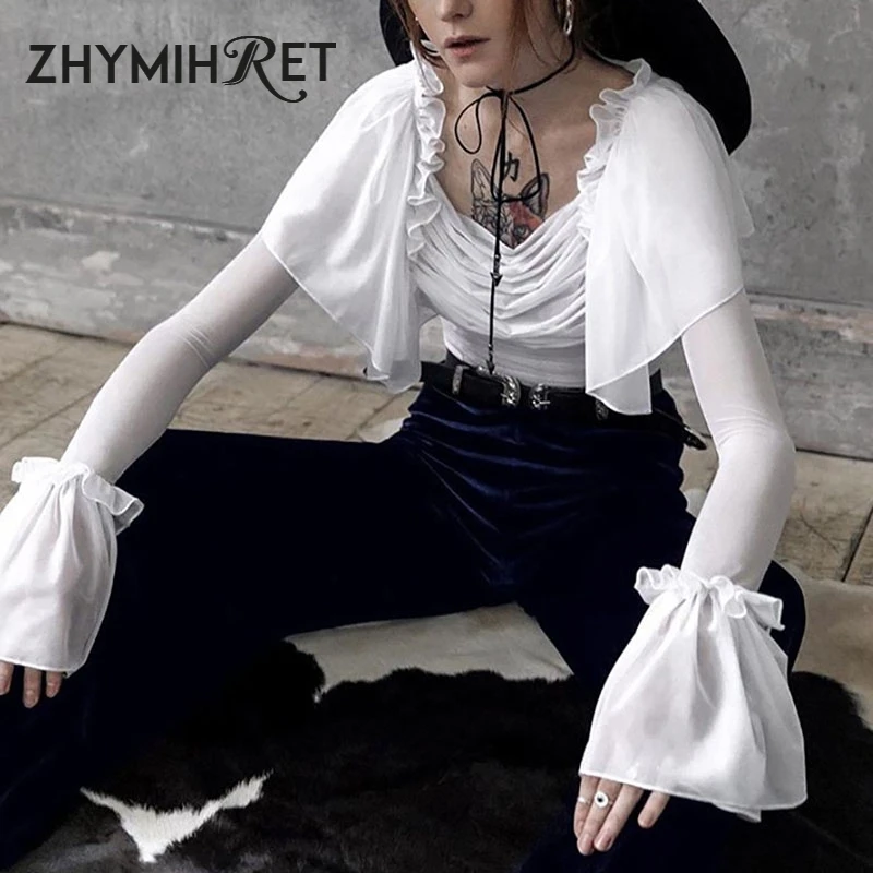 ZHYMIHRET Готический Слэш шеи сетки Ruched женская футболка осень с расклешенными рукавами укороченный Топ Harajuku Прозрачная Футболка модная уличная одежда