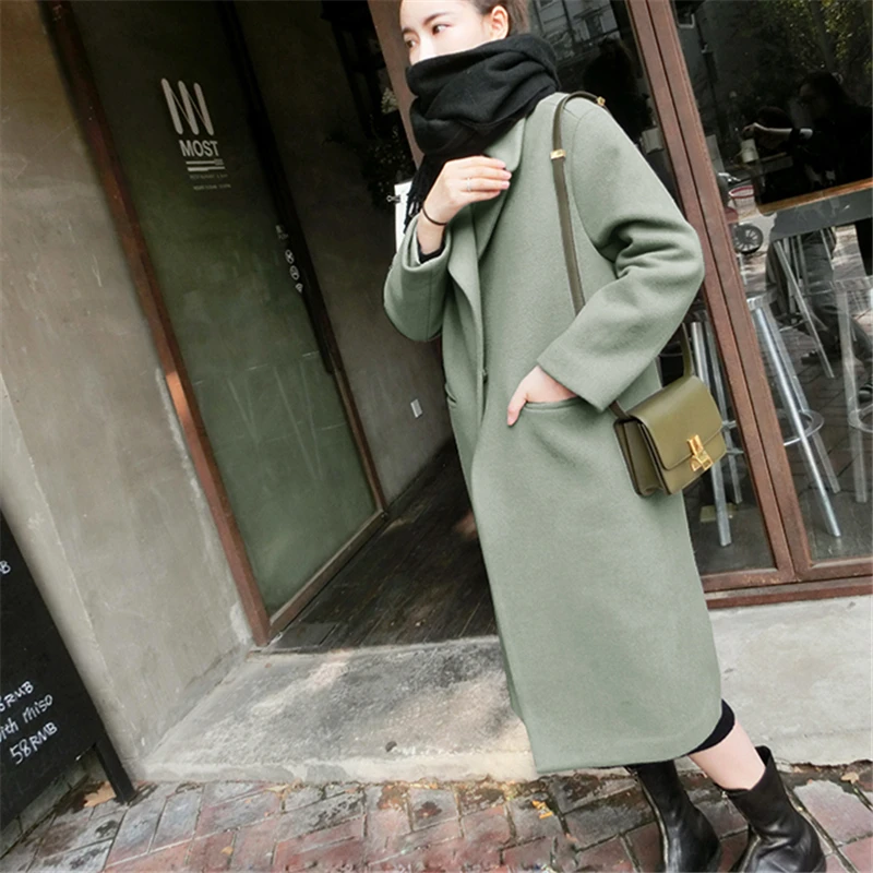 pea-green Пальто женское Шерстяное Пальто Зимняя мода Новая повседневная Корейская версия приталенное длинное пальто с длинным рукавом Женские пальто размера плюс 3XL - Цвет: pea-green