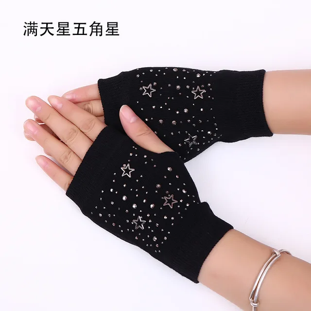 Sailor dance gloves Rivet wool gloves spring and autumn black half-finger gloves show gloves stars