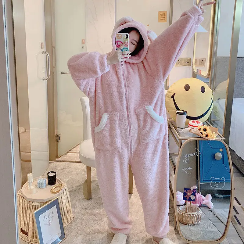 

Coral Fleece One-piece Pajamas Women Spring 2020 Winter New Sweet Student Ears Hooded Loose Pajamas Can Wear Home Clothes