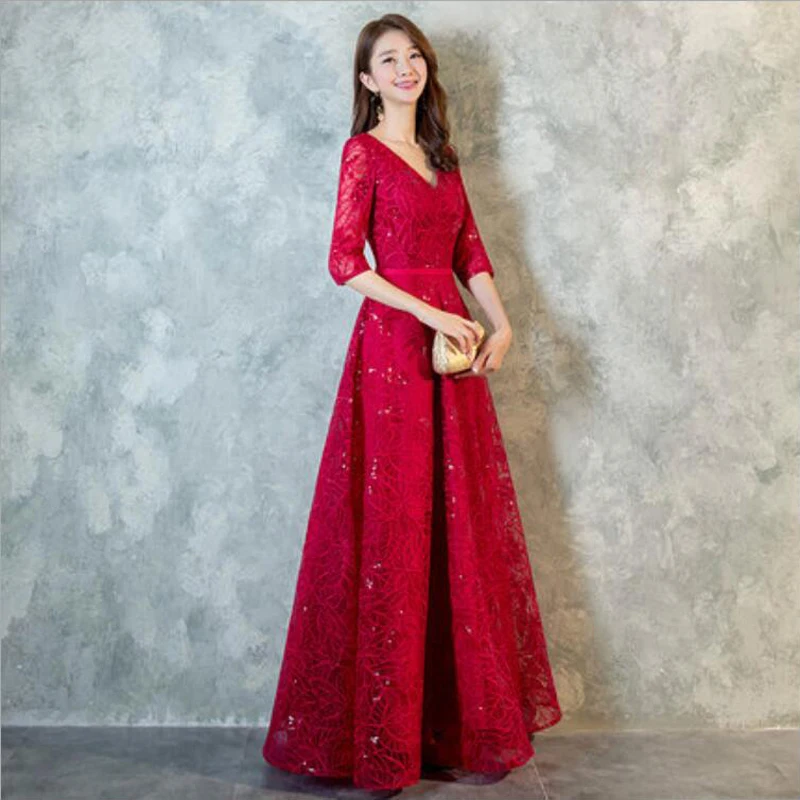 Vestido de festa longo, красное вино, половина рукава, новинка, открытая спина, v-образный вырез, вышивка, блестки, ткань, сексуальные длинные вечерние платья
