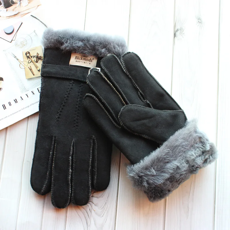 leather mittens mens New Sheepskin Fur Gloves Men's Leather Thicken Winter Warm Outdoor Windproof and Cold-proof Finger Gloves mens leather gloves for winter