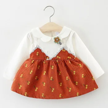 

Autumn Newborn Infant Baby Dress Cotton Toddler Fake 2 Piece Dress Cherry Print Party Dresses for Girls Casual Baby Girl Clothes