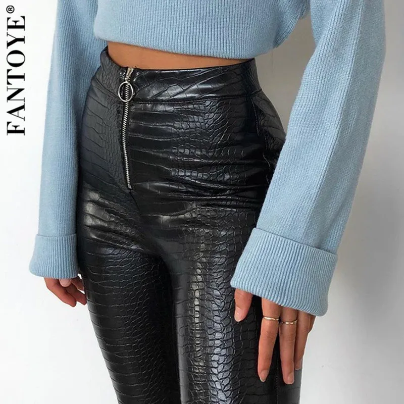 

FANTOYE Black PU Leather High Waist Sexy Pants Women Crocodile Pattern Zipper Pencil Trousers Casual Skinny New Streetwear Pants