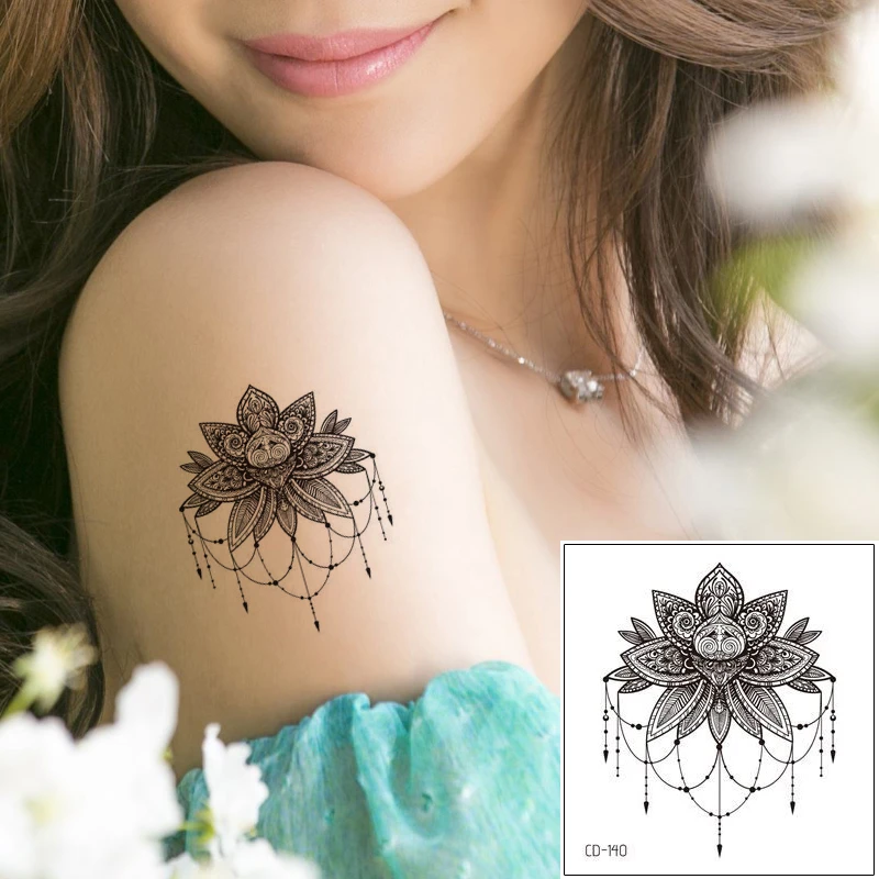 Henna Temporary Tattoo Sticker Body Art Design Indian Flower Lace Jewelry Pendant Necklace Decal Waterproof Fake Black Tattoo 3d Temporary Tattoos Aliexpress