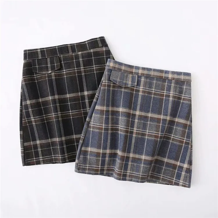 

0098-1010 Autumn WOMEN'S Dress High-waisted Plaid Loose-Fit A- line Short Skirt