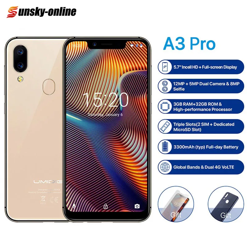

UMIDIGI A3 Pro Global Dual 4G Smartphone 5.7'' 2.5D Full Screen 3GB+32GB Android 8.1 MTK6739 Quad Core 12MP + 5MP Mobile Phone