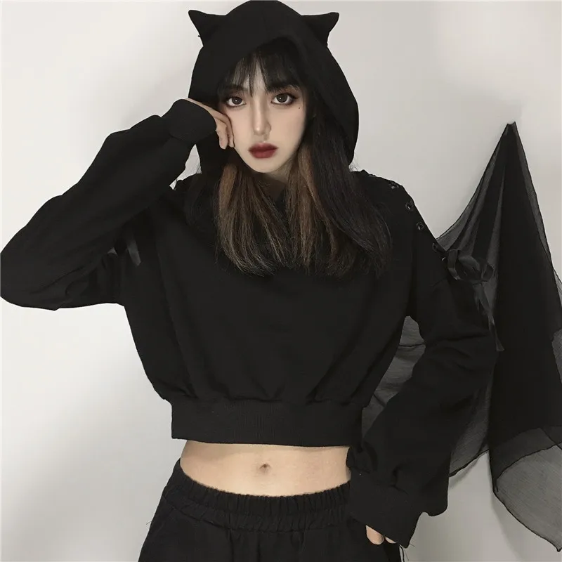 

GothGirl Harajuku Devil with Cat Ear Lace Up Short Hoodies Goth Punk Cute Street Loose Pullover FemmDark Black Sweatshirt Women