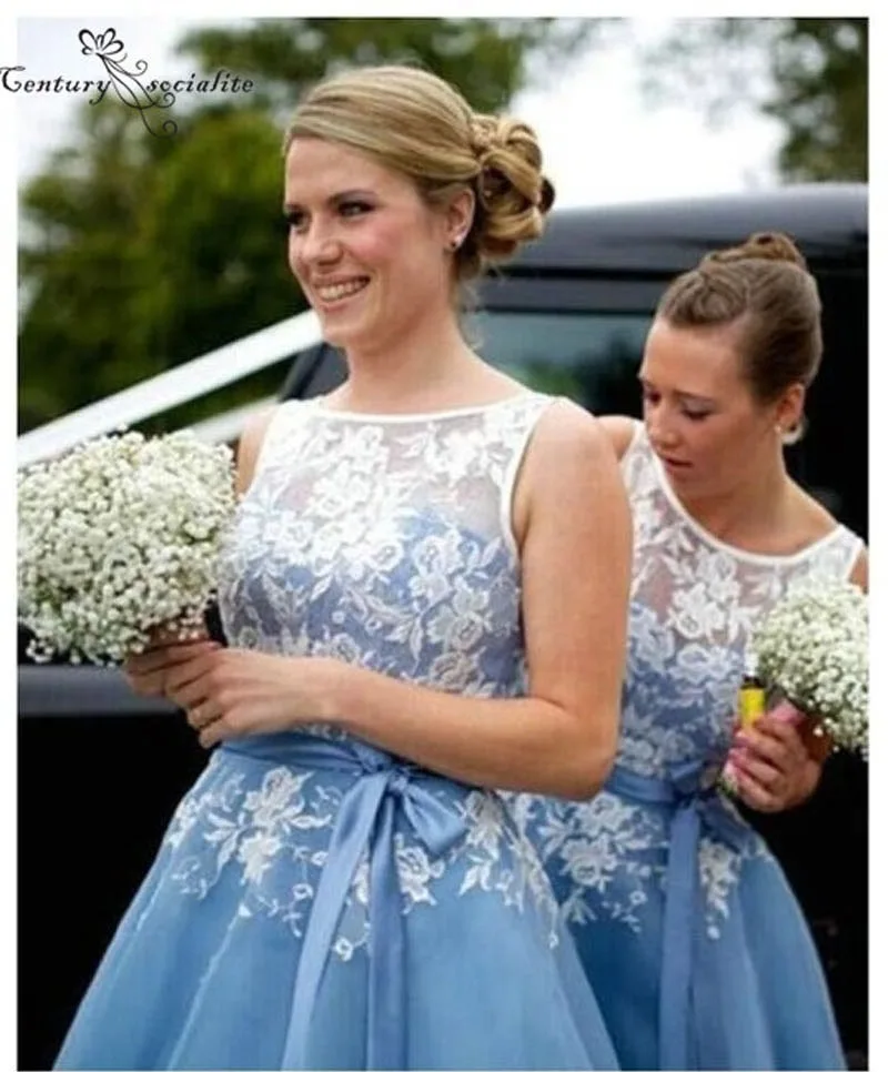 Light Blue Светильник, фиолетовые платья подружек невесты, Короткие трапециевидные платья длиной до середины икры, кружева аппликации с открытой спиной, платья для свадебного гостя, платья подружки невесты - Цвет: Light Blue