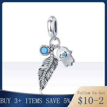 

Pandach Genuine 925 Sterling Silver Bohemian Feather And Hamsa Hand Blue Eye Pendant Charm fit Charm Bracelet DIY Jewelry 880