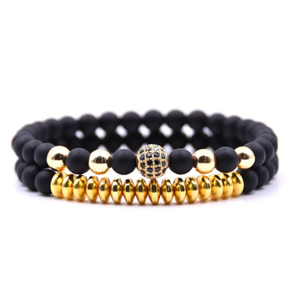 2 pcs/1 set Unisex Micro inlaid zircon stretch men women beads bracelet black gold color luxury gift | Украшения и аксессуары