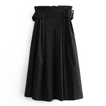 ZOEPO повседневные свободные складные юбки, женская модная однотонная черная Поплиновая юбка, женские элегантные юбки на молнии до середины икры, женские юбки