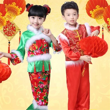 

New Year Traditional Chinese Style Folk Dance Boys Performance Clothing Red Embroidery Tang Suit Costumes Girls Hanfu Dress