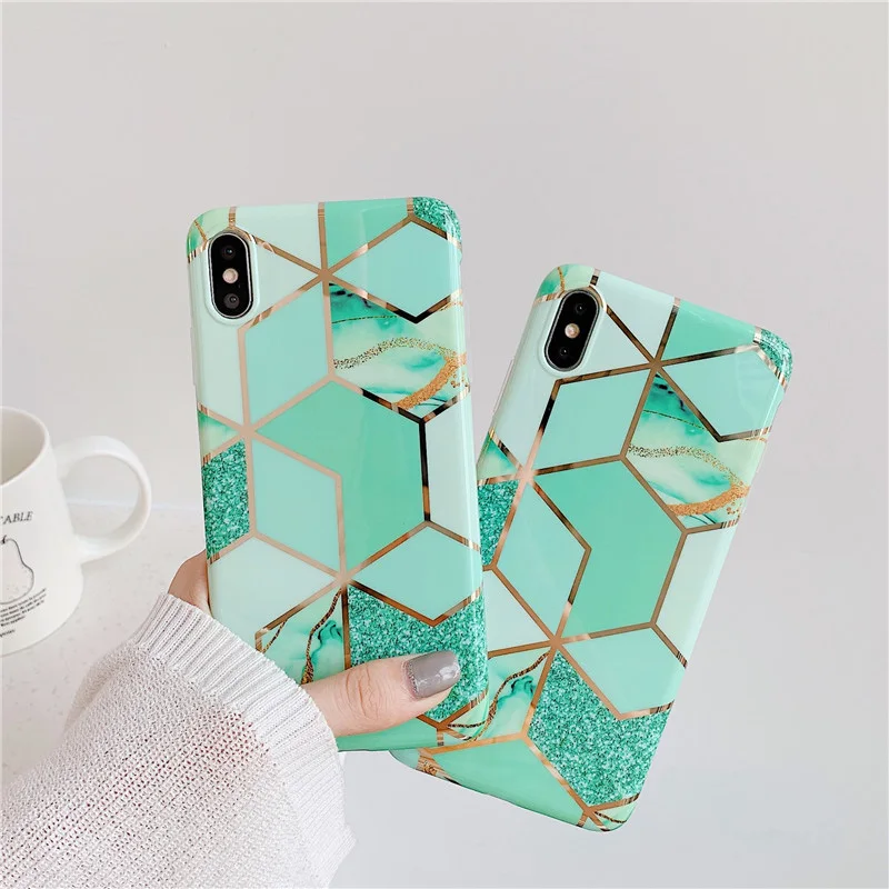 Onnlink Soft TPU Phone Case for IPhone 11 Pro Max X XR Xs 6 6s 7 8 Plus Geometric Luxury Marble Plating IMD Full Cover |