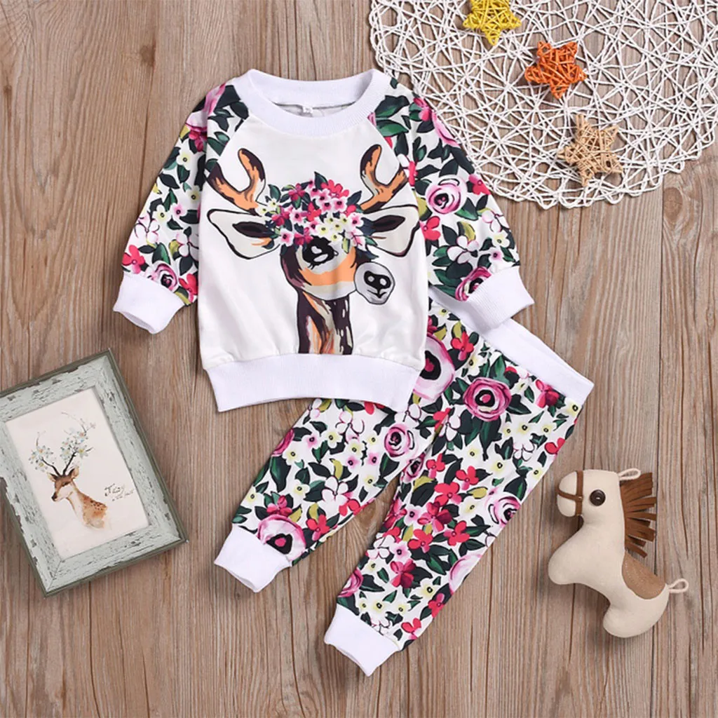 Комплект одежды для маленьких девочек; рождественские топы с рисунком оленя для маленьких девочек; штаны с цветочным принтом; комплект одежды; Рождественская одежда для малышей; Прямая поставка