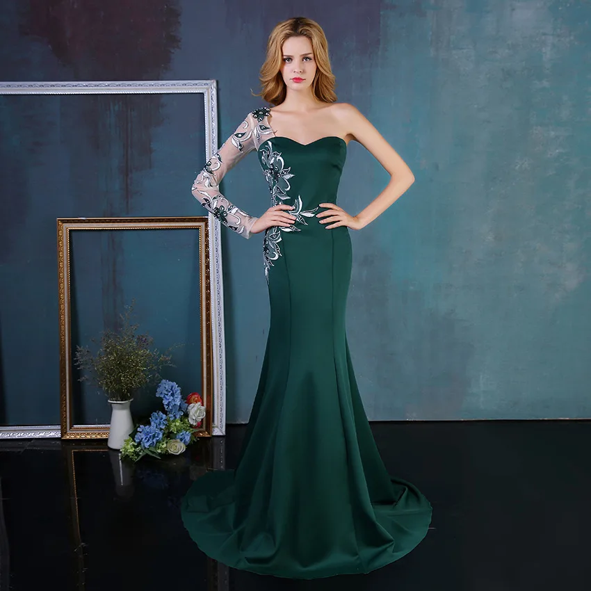 BacklakeGirls элегантные, на одно плечо Аппликация платье для банкета, вечеринки рыбий хвост платье женщина зеленое вечернее платье халат Soiree Longue