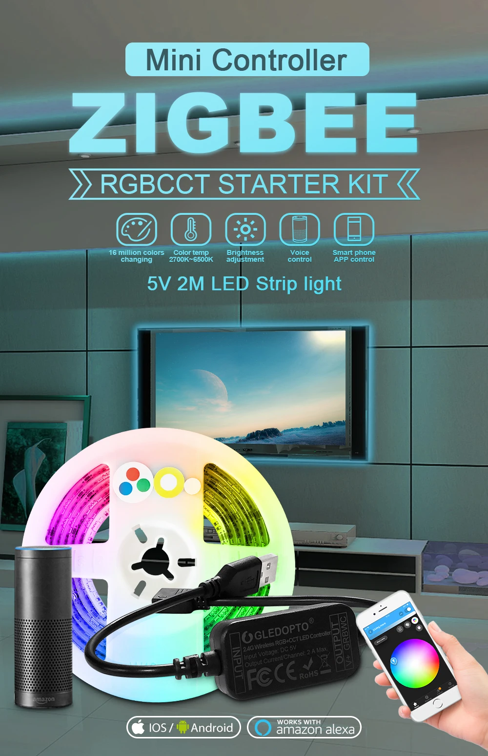 ZigBee led rgbcct мини контроллер Смарт ТВ полосы света 5 в Usb контроллер от Alexa Echo plus Голосовое управление zigbee концентратор smartthings