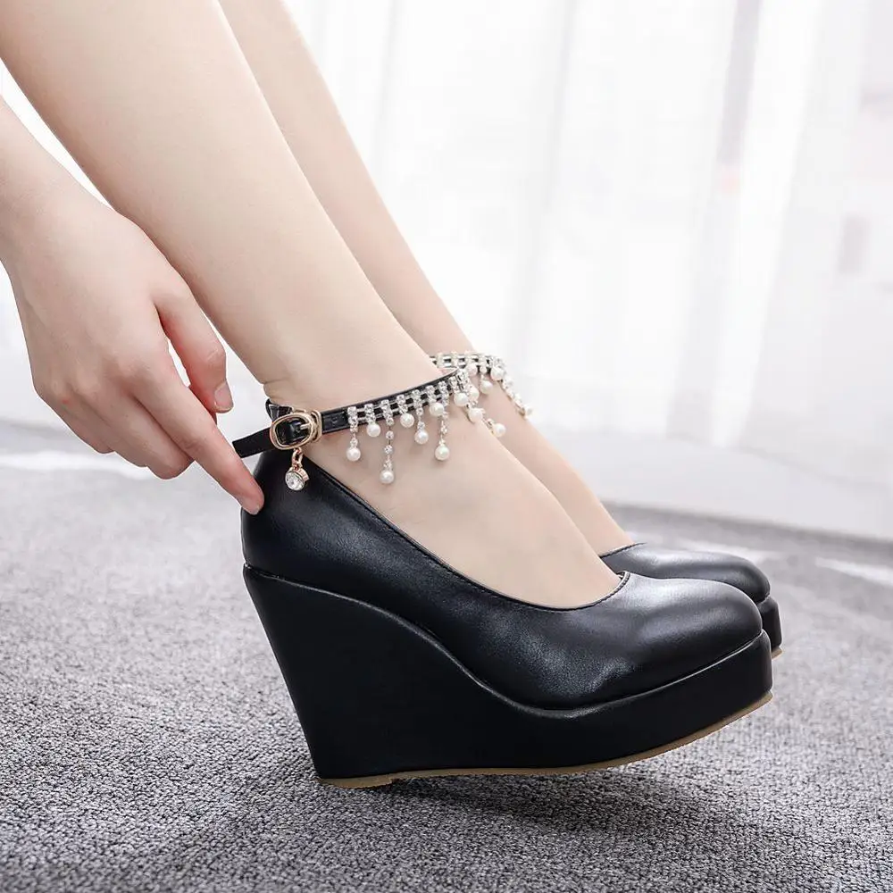 

Crystal Queen Black And White Wedge Pumps Large Size Round Toe Super High Heel Lady Women Shoes Platform Ankle Strap Casual