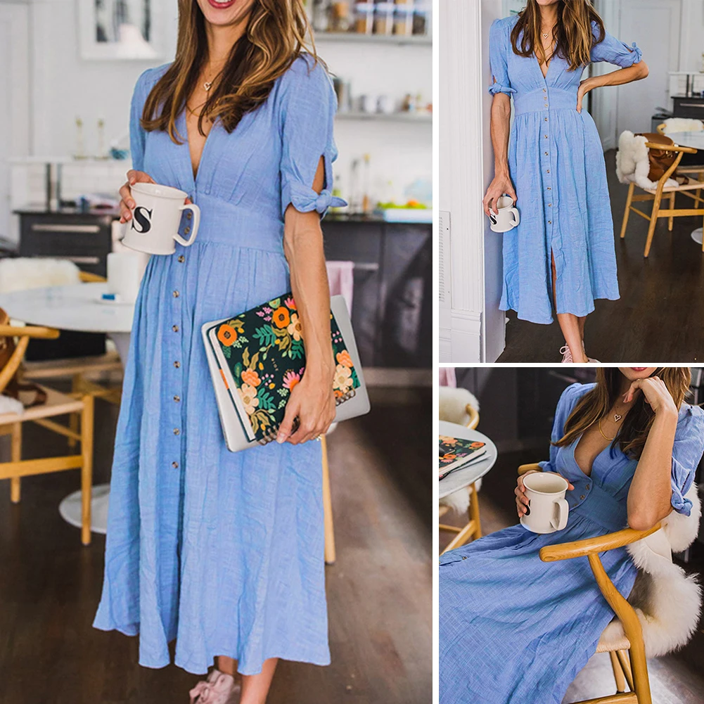 cover up beachwear 2021 New Summer M-4XL Woman Vintage Deep V Neck Dress Elegant Solid Color Tied Half Sleeve Button Long Dresses Beach Street Work bathing suit dress cover ups